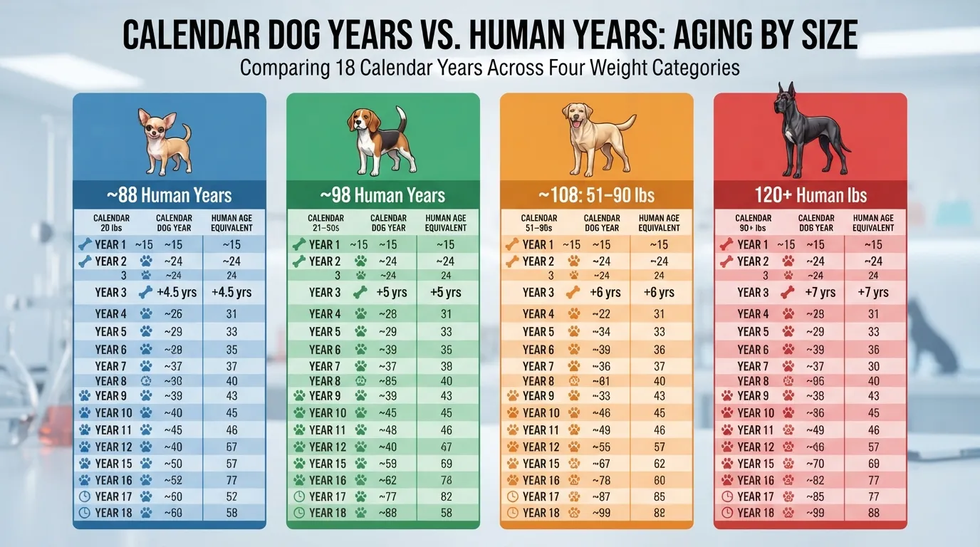 Comparison chart showing how 18 dog years convert to human years across small, medium, large, and giant dog breeds.