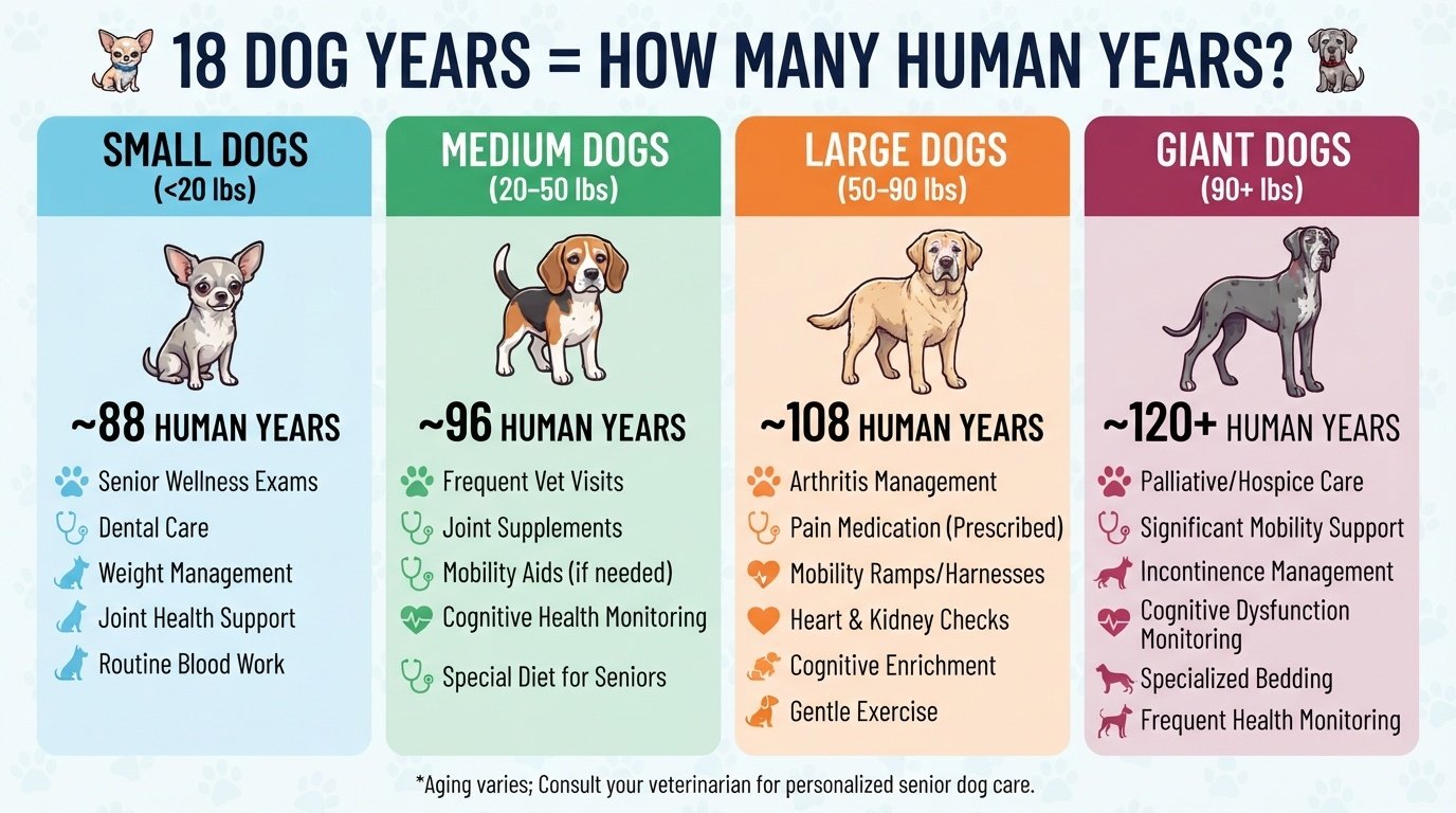 A detailed comparison chart showing how 18 dog years translate to human years for small, medium, large, and giant dog breeds.