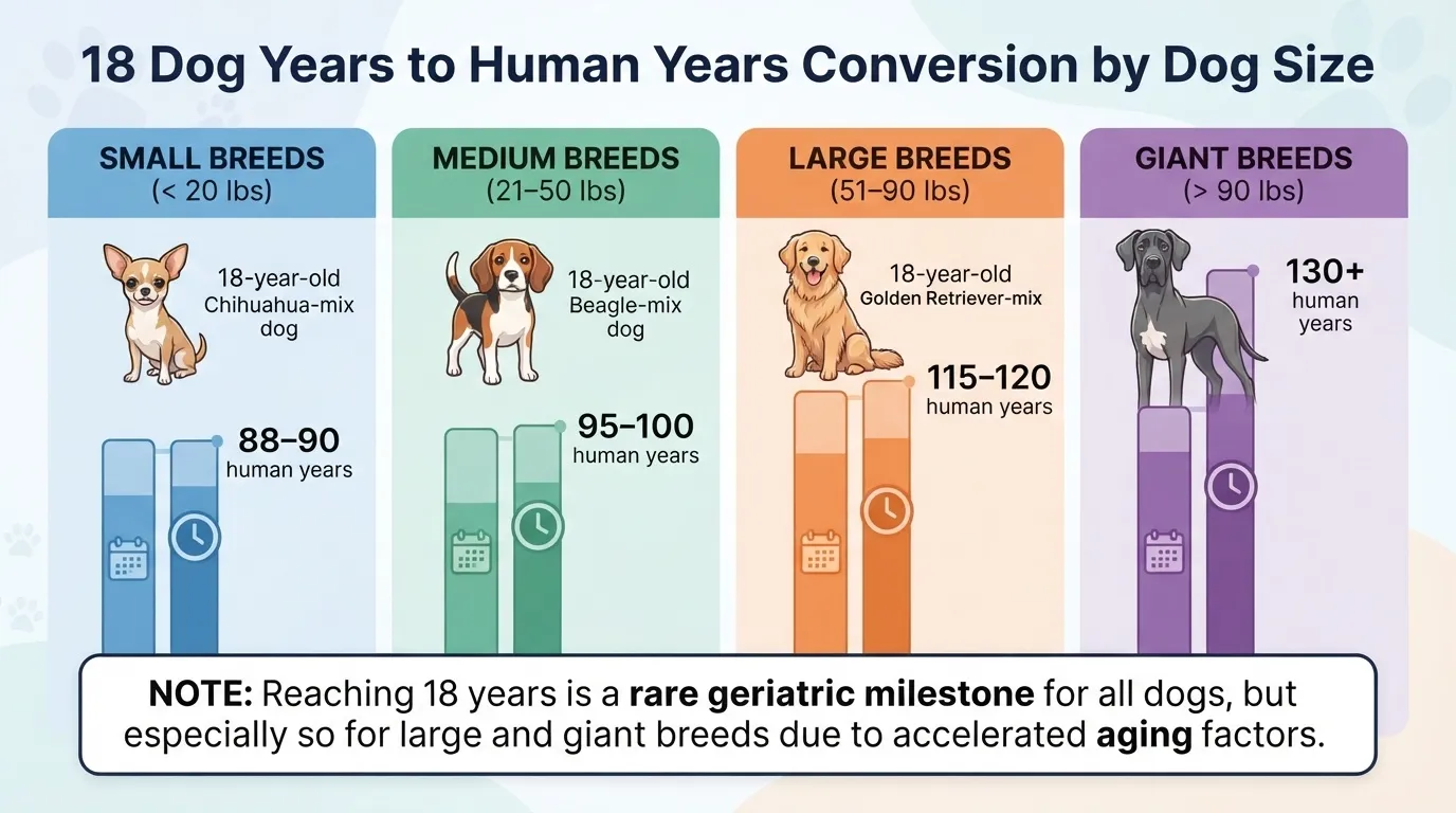 Comparison chart showing how an 18-year-old dog converts to human age across small, medium, large, and giant breed categories.