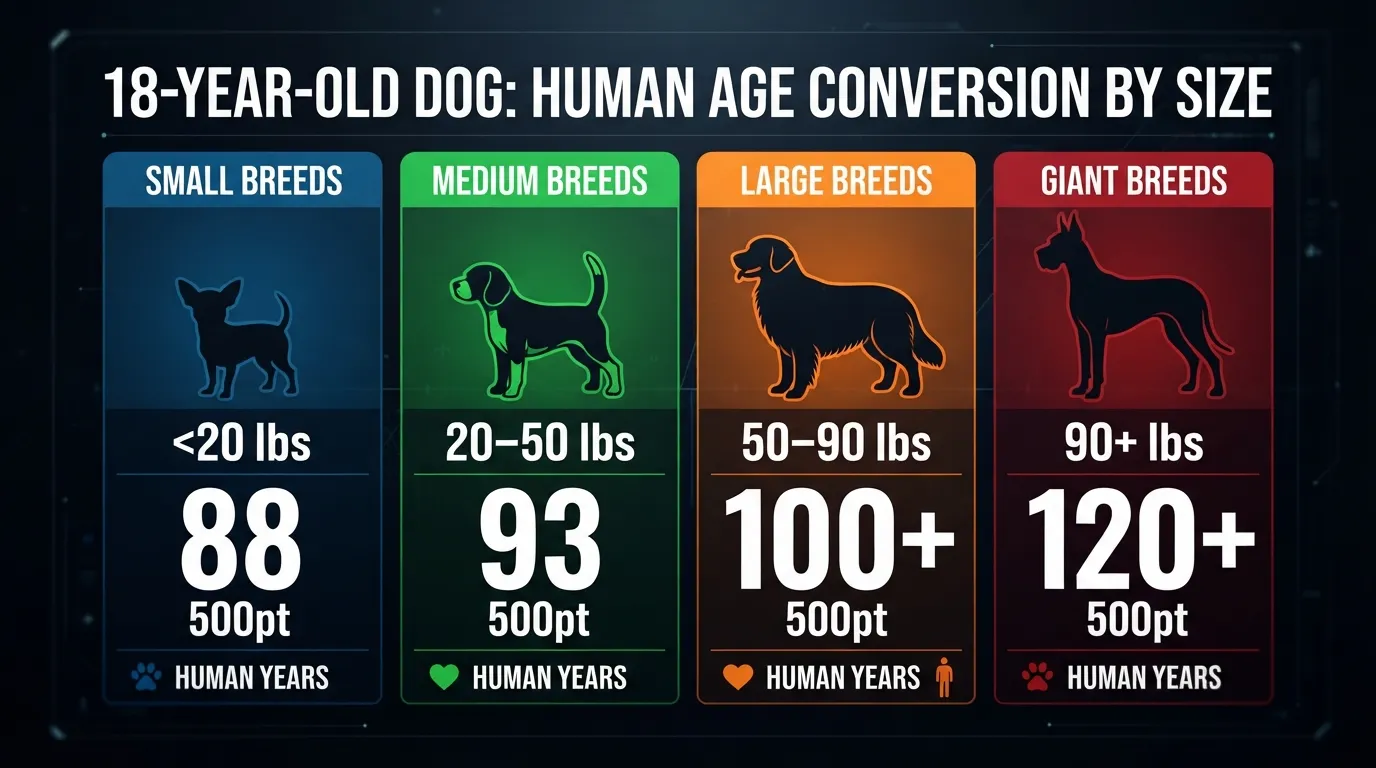 Dog years to human years conversion chart comparing an 18-year-old small, medium, large, and giant breed dog to human age equivalence.