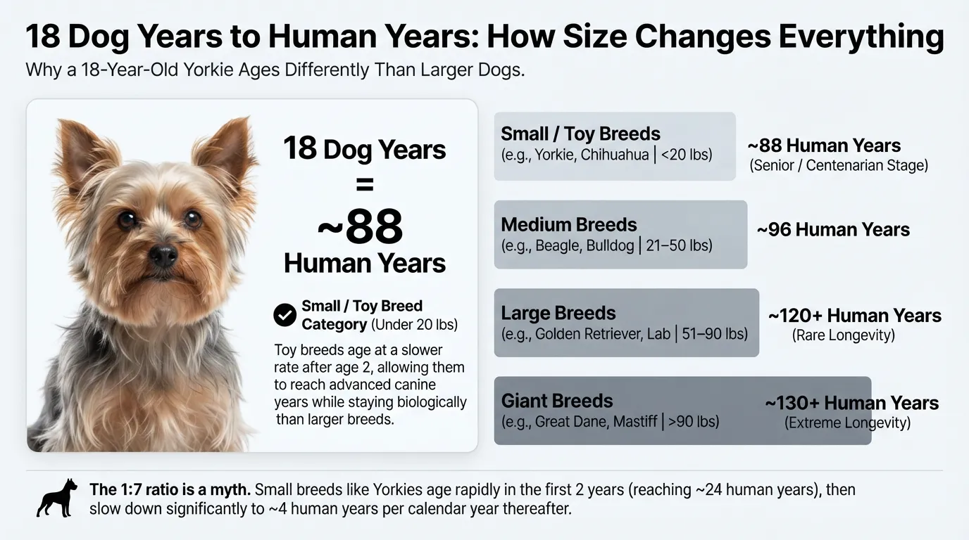Side-by-side comparison chart showing an 18-year-old dog converted to human years across small, medium, large, and giant breeds, highlighting a 18-year-old Yorkie as equivalent to 88 human years.