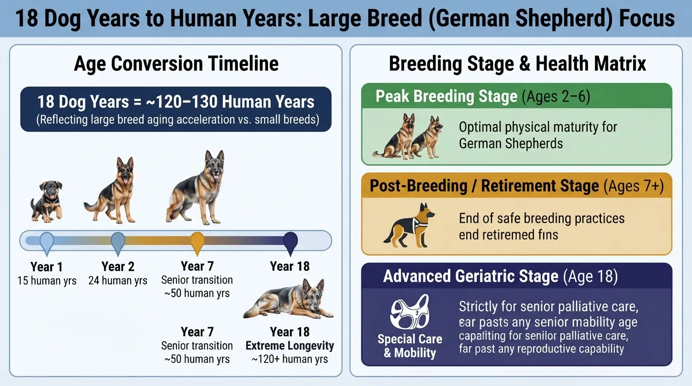 Age comparison chart showing 18 dog years in human years for a large breed German Shepherd, detailing life stages from growth to senior breeding maturity.