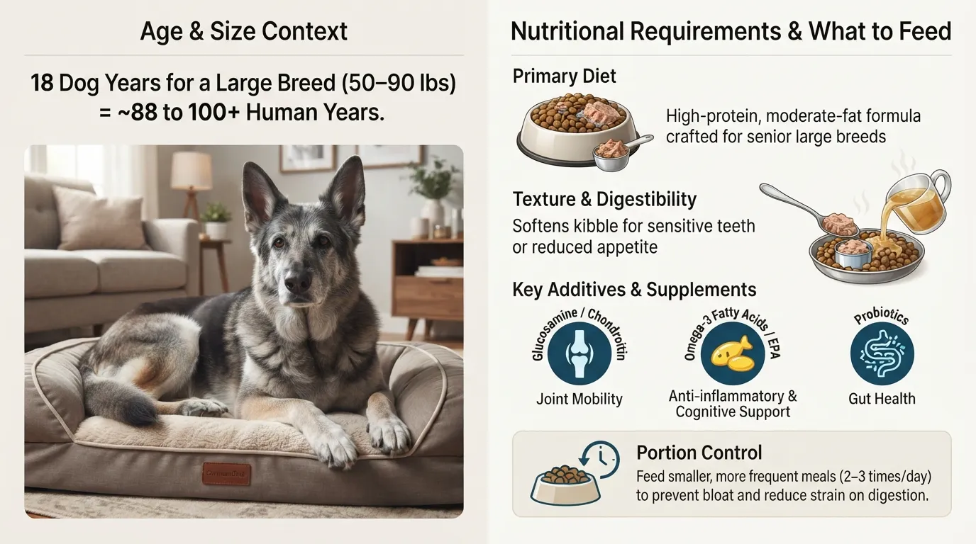 A detailed breakdown chart showing an 18-dog-year equivalent senior German Shepherd's human age range alongside recommended senior dog food nutrients, joint supplements, and meal portions.