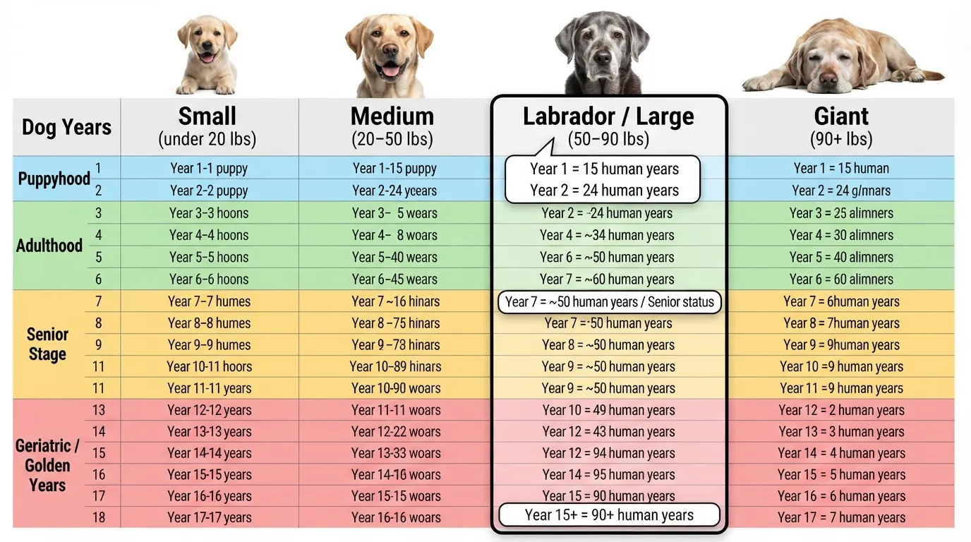 Labrador dog years to human years age comparison chart showing life stages and size category calculations from age 1 to 18 years.