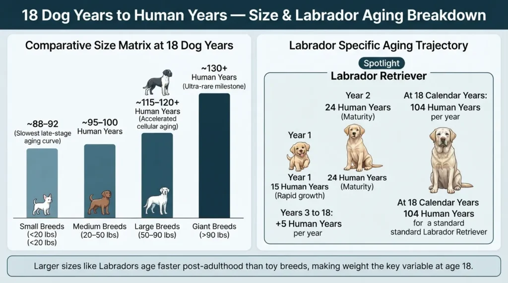 Infographic chart comparing 18 dog years to human years across dog sizes, highlighting Labrador retriever aging calculations.