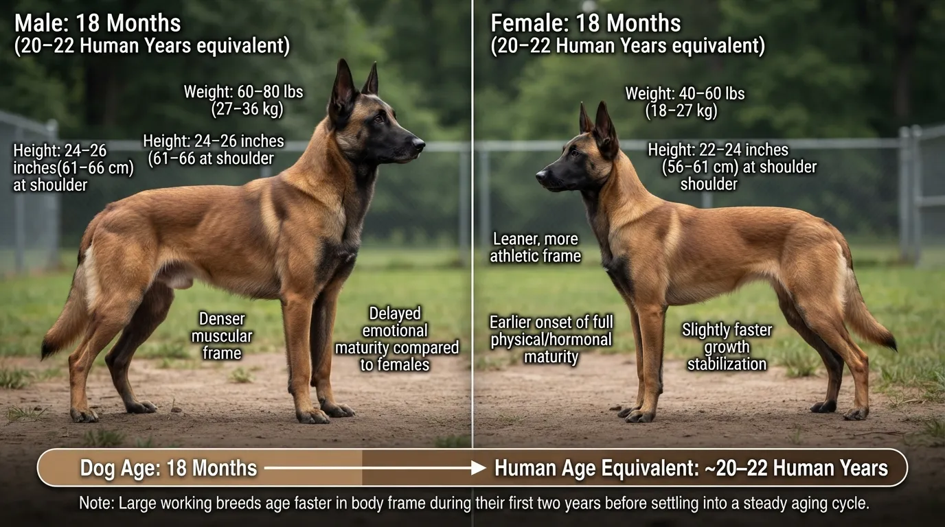 Comparison chart showing 18 dog years converted to human years for male vs female Belgian Malinois based on weight and physical growth stages.