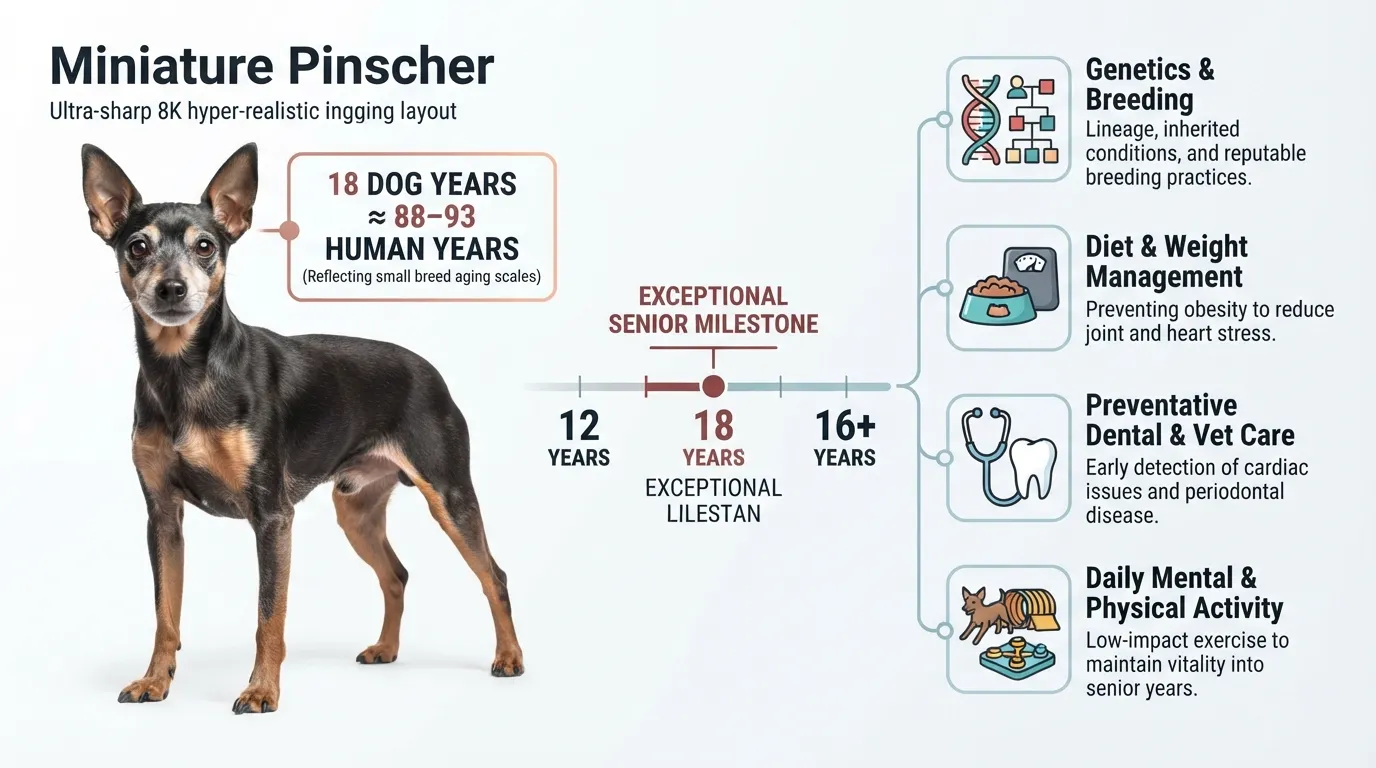 Infographic chart converting 18 dog years to human years for Miniature Pinschers alongside a small dog lifespan breakdown by health, genetics, and care factors.