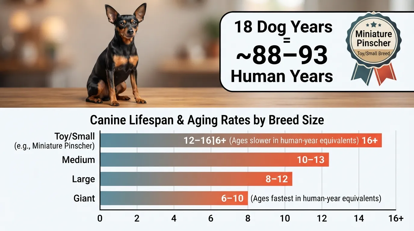 Miniature Pinscher age conversion chart comparing an 18-year-old Toy breed dog to equivalent human years alongside average lifespan expectations by dog size.