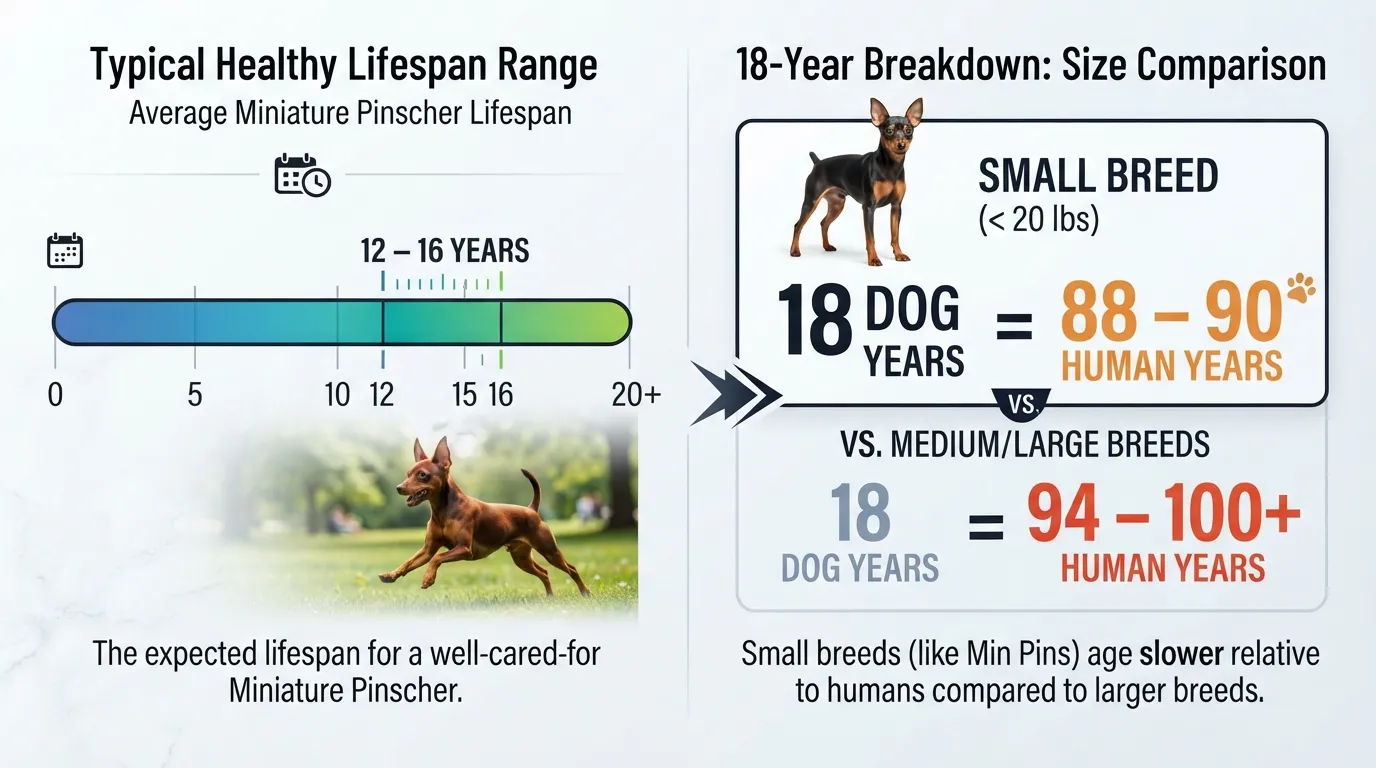 Chart comparing 18 dog years to human years for small dog breeds alongside a Miniature Pinscher showing its average lifespan of 12 to 16 years.