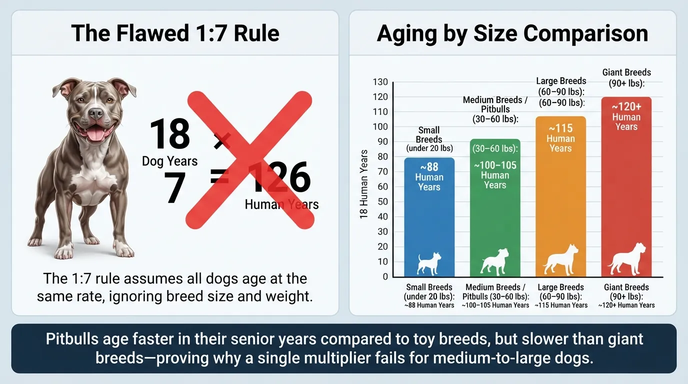 A dog-to-human age comparison chart showing an 18-year-old Pitbull compared to other breed sizes, demonstrating why the traditional 1-to-7 year aging rule fails for medium-to-large breeds like Pitbulls.