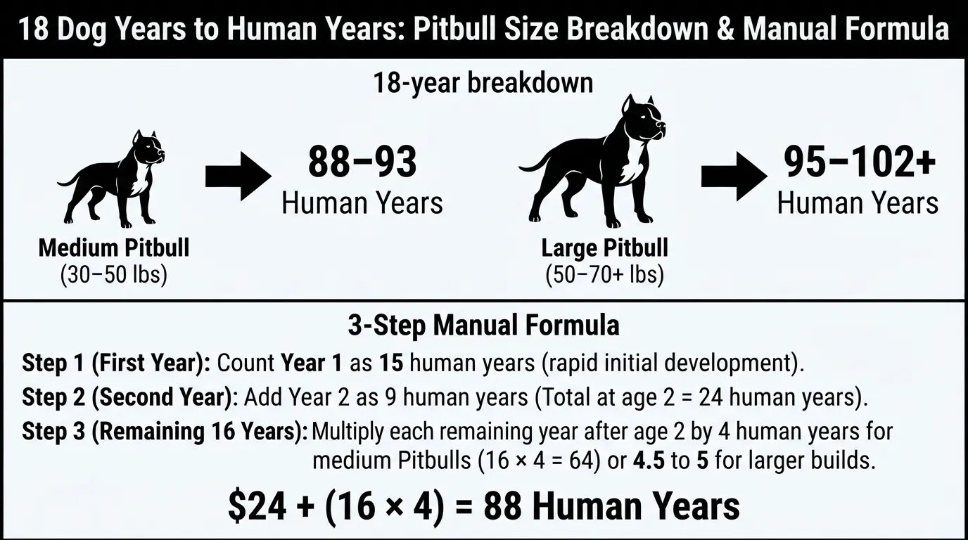 Infographic showing an 18-year-old Pitbull's equivalent human age by size category, with a step-by-step formula to manually calculate a Pitbull's age without a calculator.