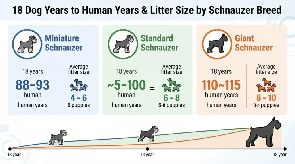 Comparison chart showing 18 dog years in human years alongside average litter sizes for Miniature, Standard, and Giant Schnauzers.