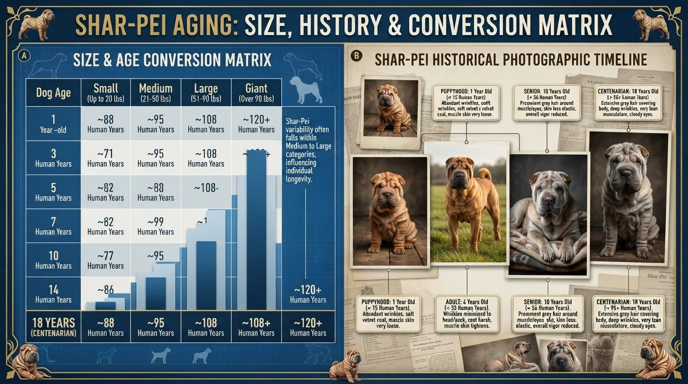Historical timeline chart showing photographic evidence of Shar-Pei age progression from puppyhood to 18 dog years mapped to human years by dog size.