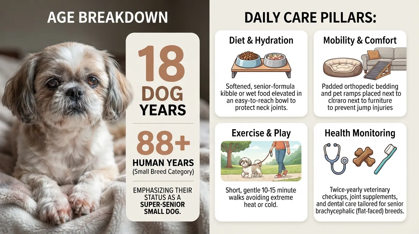 Shih Tzu dog age comparison chart showing 18 dog years in human years and key daily senior care tips for small dogs.