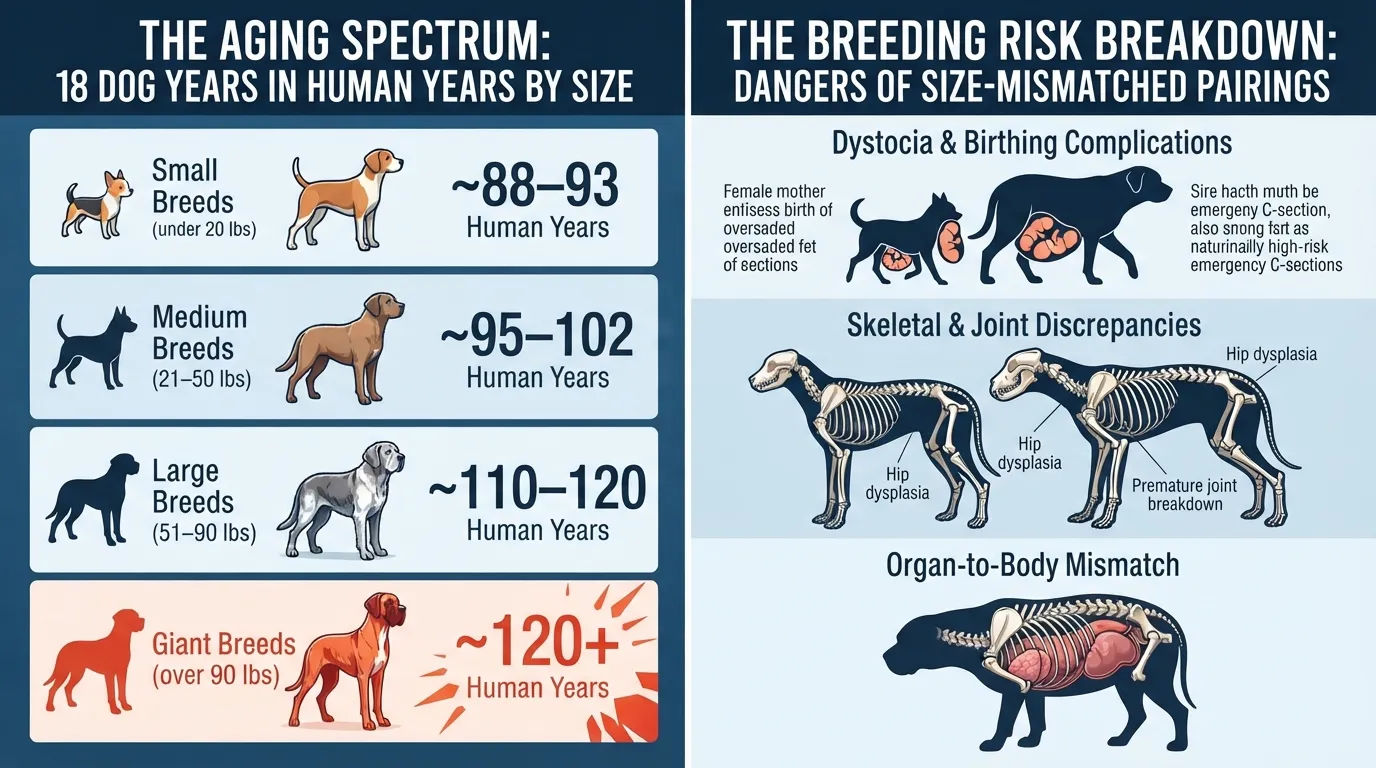 Comparison infographic showing an 18-year-old dog in human years categorized by small, medium, large, and giant breeds, alongside visual risks of size-mismatched breeding.