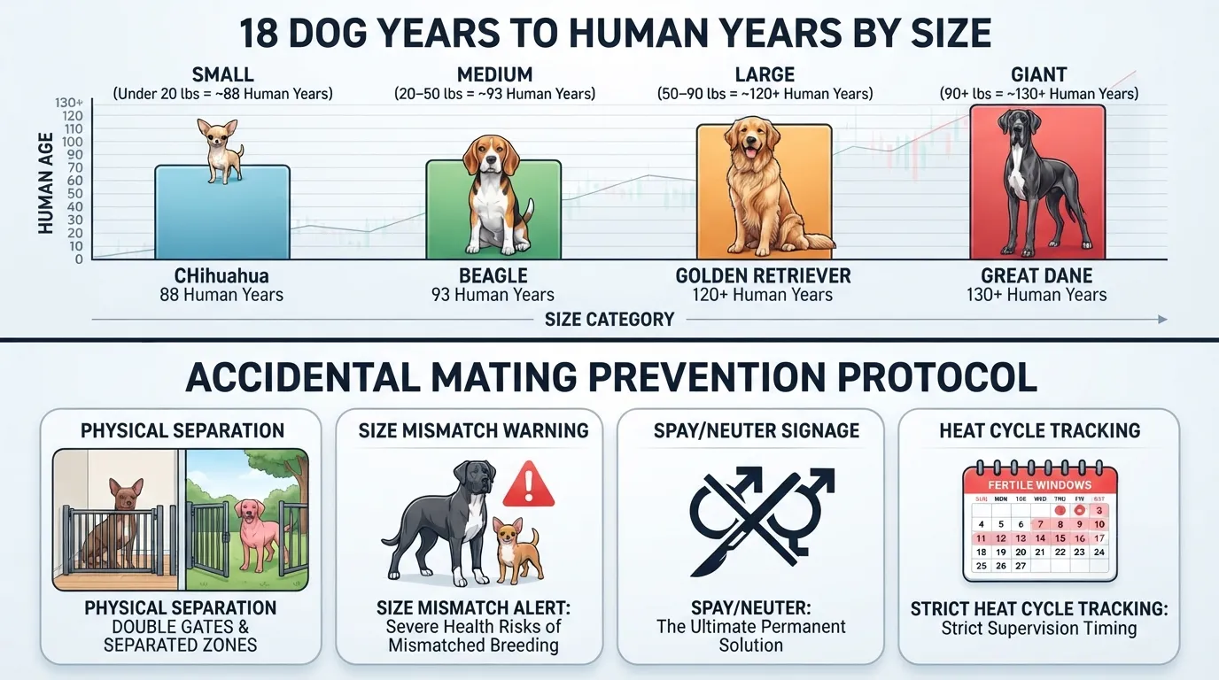 Comparison chart showing 18 dog years in human years by breed size alongside a visual checklist for preventing accidental mating between large and small dogs.