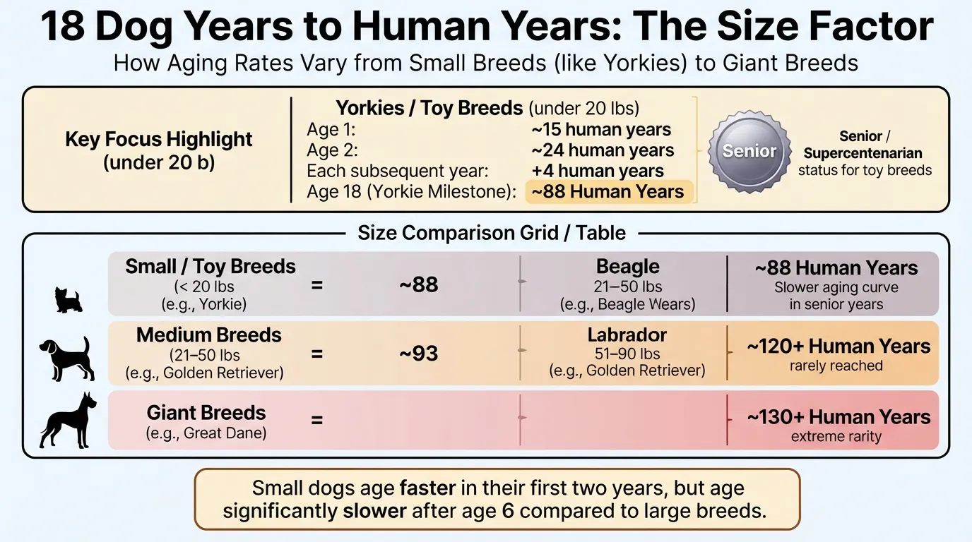 A comparative dog age chart showing how 18 dog years convert to human years across small, medium, large, and giant breeds, highlighting the Yorkie as a small breed.