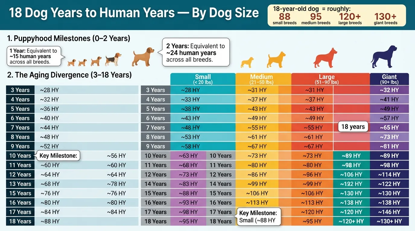Comprehensive conversion chart comparing 18 dog years to human years across small, medium, large, and giant breed dogs, including early puppy age milestones.