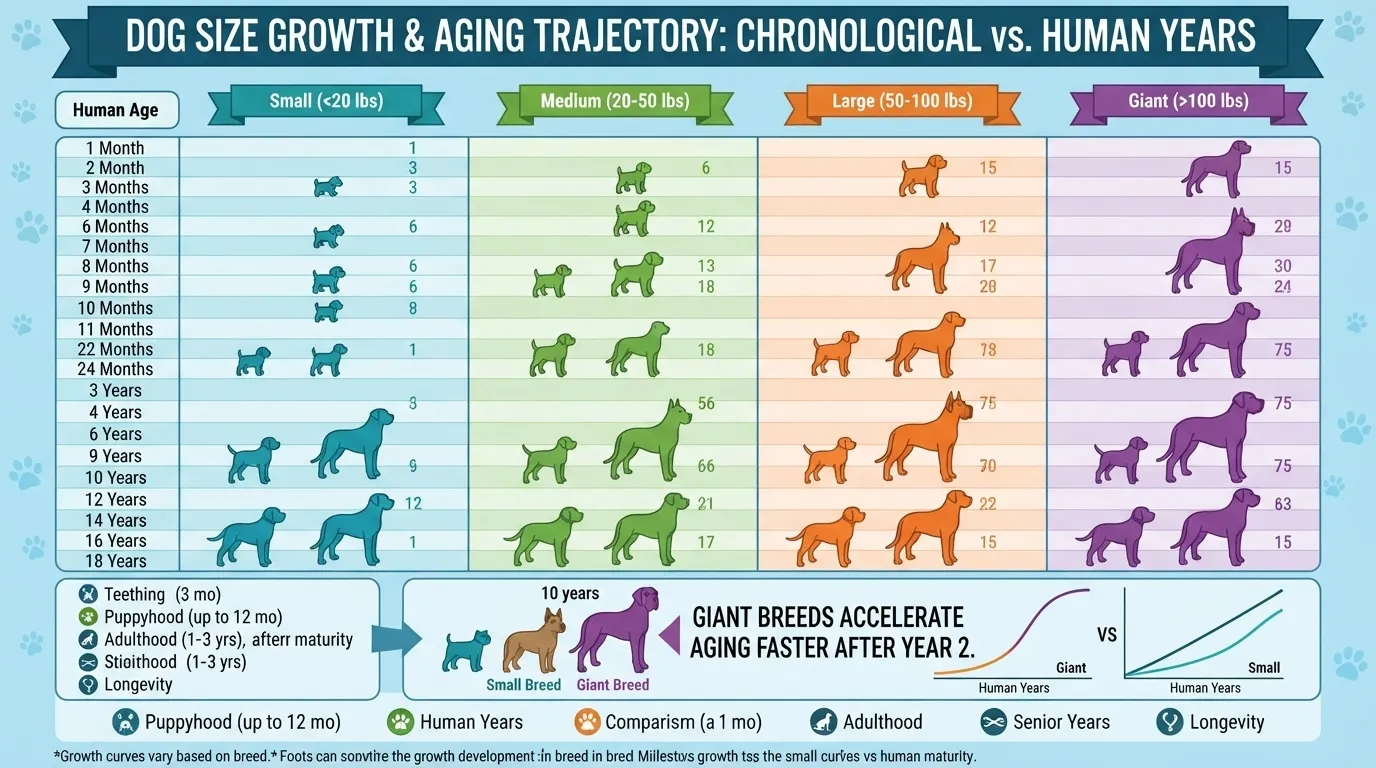 Infographic showing a month-by-month dog years to human years growth chart comparing small, medium, large, and giant dog breeds up to 18 dog years.