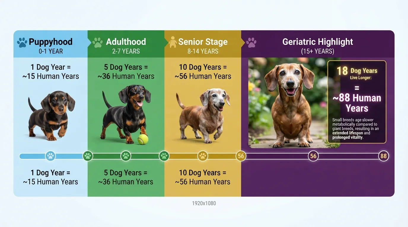 Infographic chart showing an 18-year-old small dog breed equals approximately 88 human years, comparing age conversion stages across small dog lifespans.