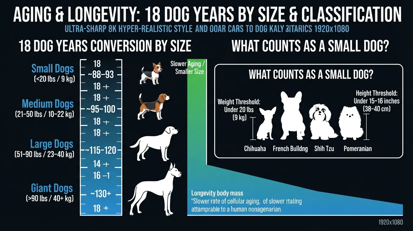 Infographic chart converting 18 dog years to human years by dog size, highlighting small dog weight guidelines under 20 pounds and age equivalent metrics.