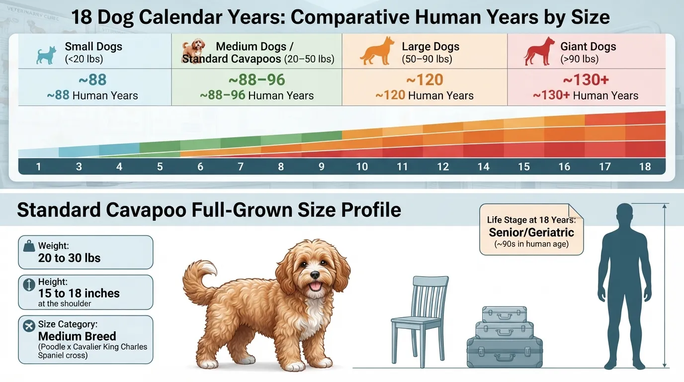 Infographic showing 18 dog years converted to human years by dog size, with a focus on a full-grown Standard Cavapoo weighing 20 to 30 lbs at 88 to 96 human years equivalent.