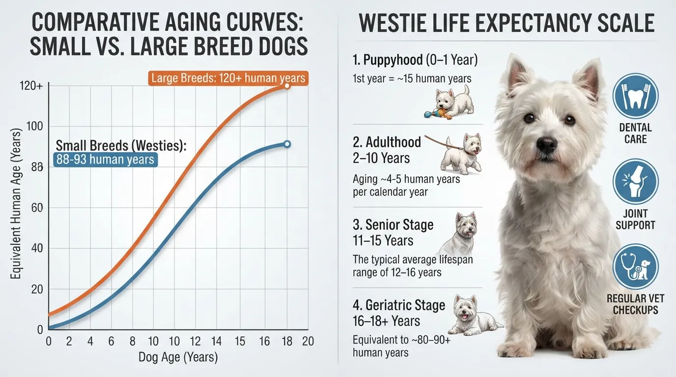 A comparison chart showing how 18 dog years convert to human years for small dogs like West Highland White Terriers, illustrating life expectancy milestones from puppyhood to senior age.