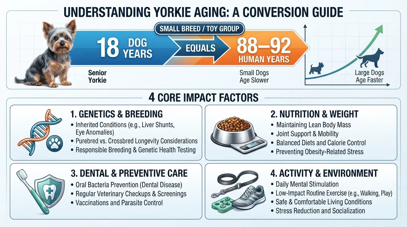 A dog aging comparison chart showing an 18-year-old Yorkie converting to human years, alongside key factors that affect a Yorkie's lifespan including diet, health care, and genetics.