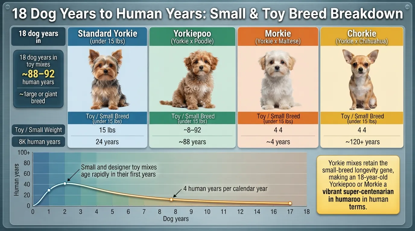 Size comparison chart showing how an 18-year-old Yorkie, Yorkiepoo, and Morkie convert to human years, highlighting the extended lifespan of toy and small dog breeds.