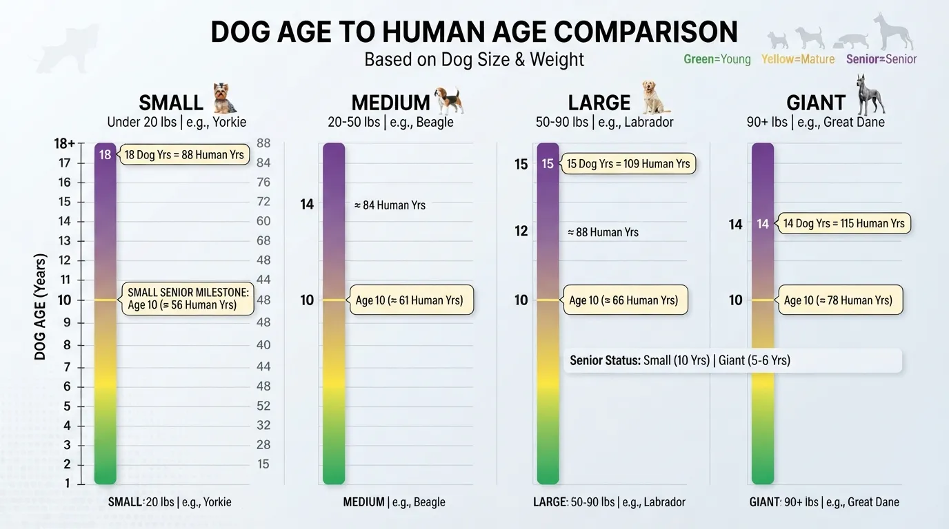 Comparative chart showing 18 dog years in human years by dog size, highlighting that a Yorkie becomes a senior at age 10.