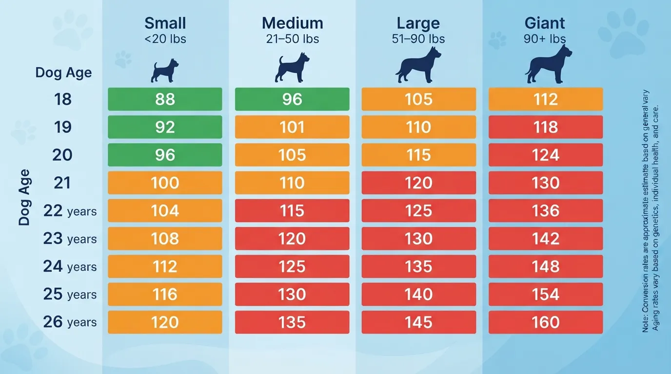Dog age conversion chart comparing 18 to 26 dog years in human years based on small, medium, large, and giant breed sizes.