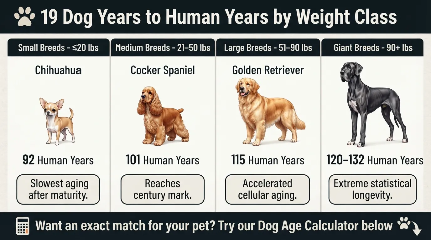 Infographic chart displaying 19 dog years converted to human years across small, medium, large, and giant dog weight categories.