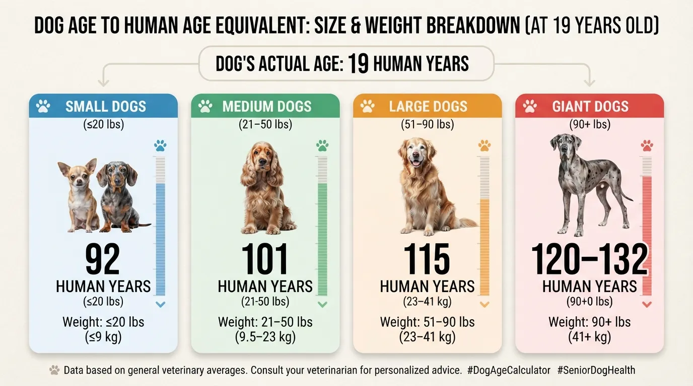 Infographic chart comparing 19 dog years to human years across four dog weight classes: Small, Medium, Large, and Giant breeds.