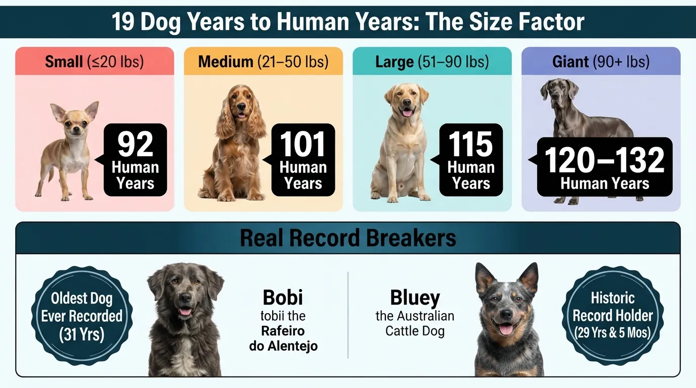 Infographic chart comparing 19 dog years to human years across small, medium, large, and giant dog weight classes, featuring photos of famous long-lived record-breaker dogs Bobi and Bluey.