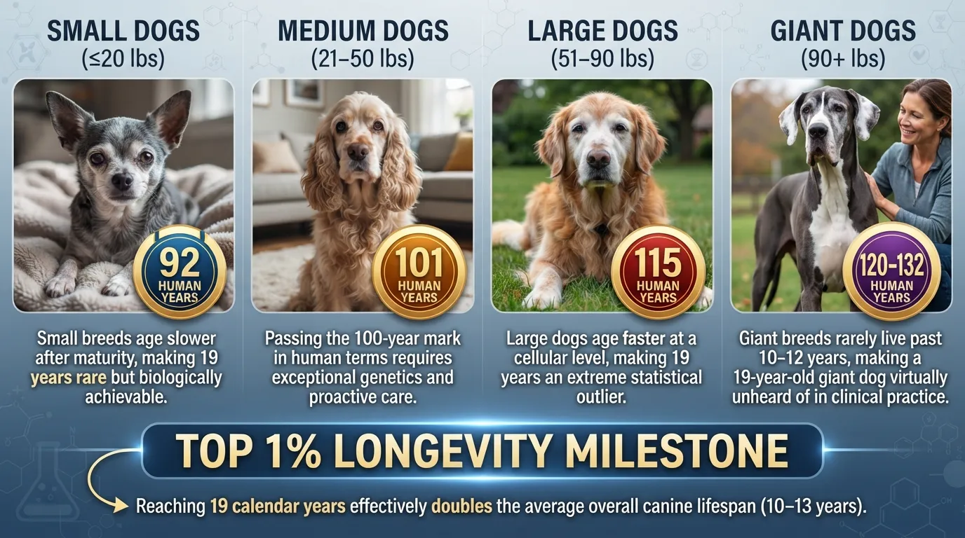 Infographic chart converting 19 dog years to human years across four breed size categories: small, medium, large, and giant, showing equivalent human ages from 92 to 132 years old.