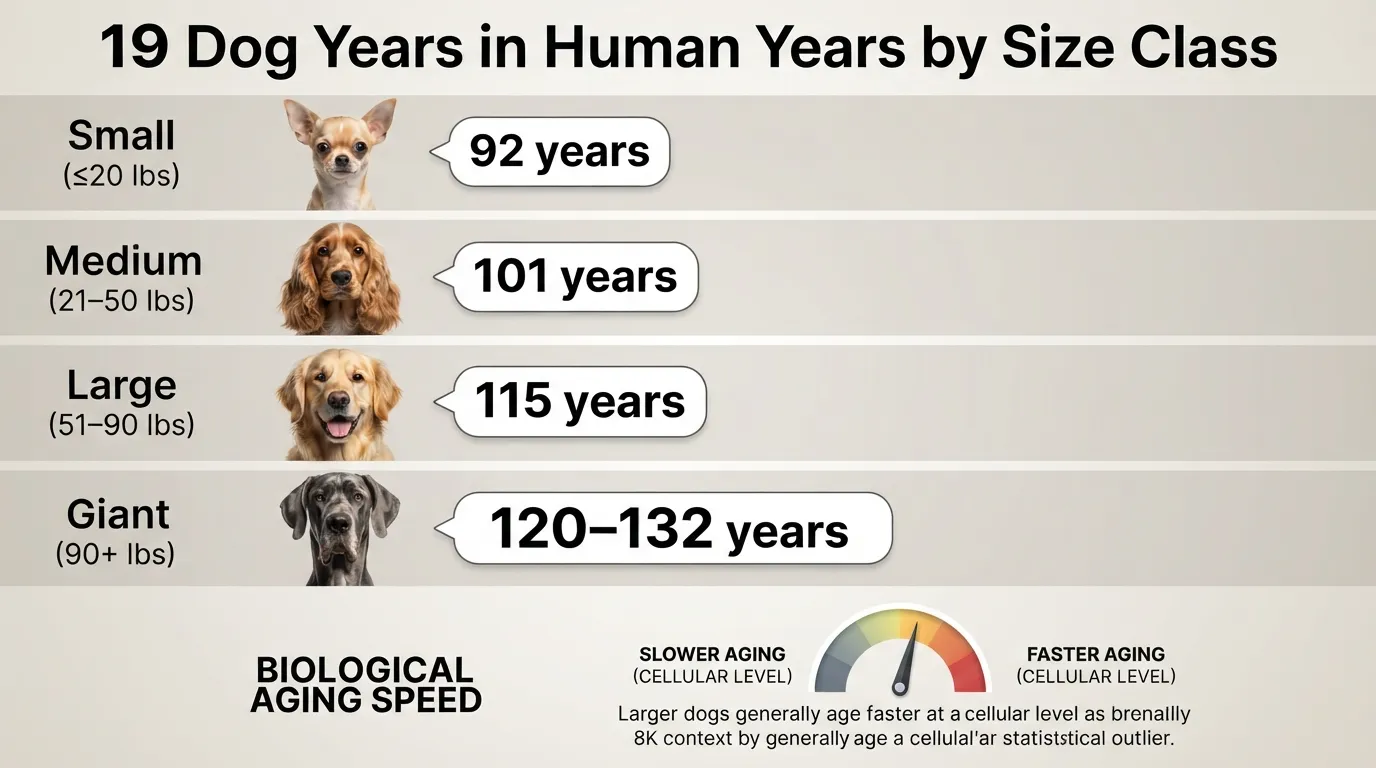 Infographic chart comparing a 19-year-old dog's age in human years across small, medium, large, and giant breed weight categories, showing equivalent ages from 92 to 132 human years.
