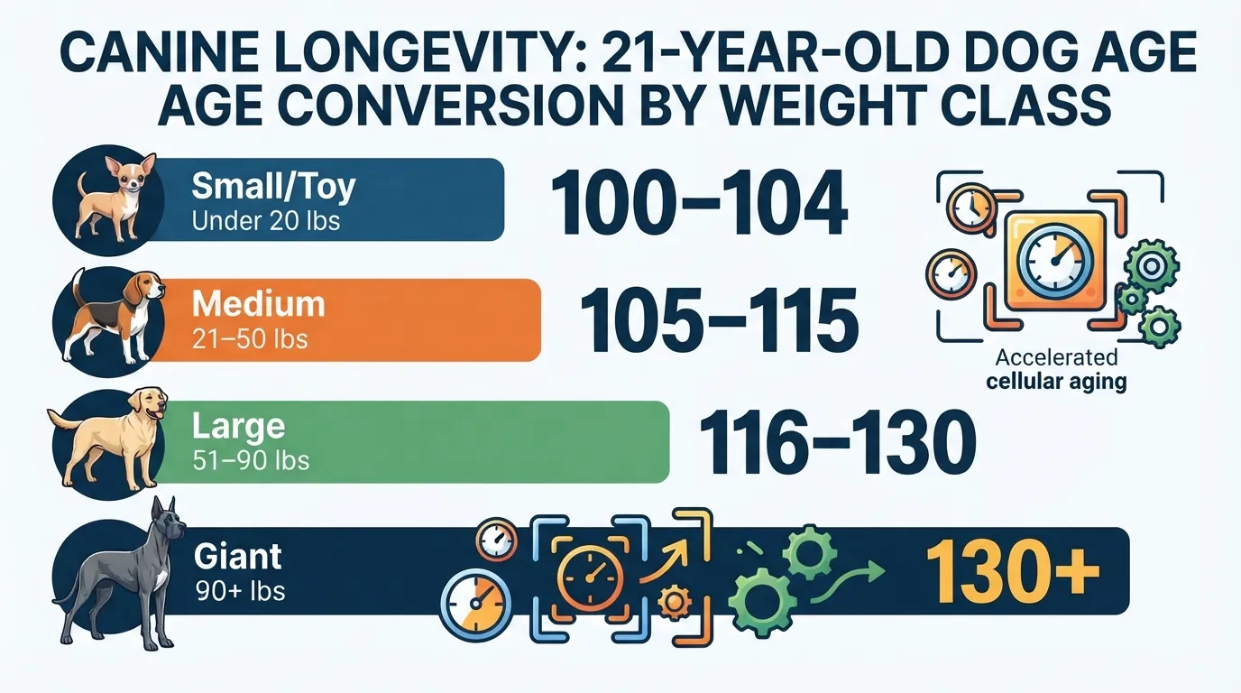 Infographic chart comparing a 21-year-old dog to human years across four weight categories: small, medium, large, and giant breeds.
