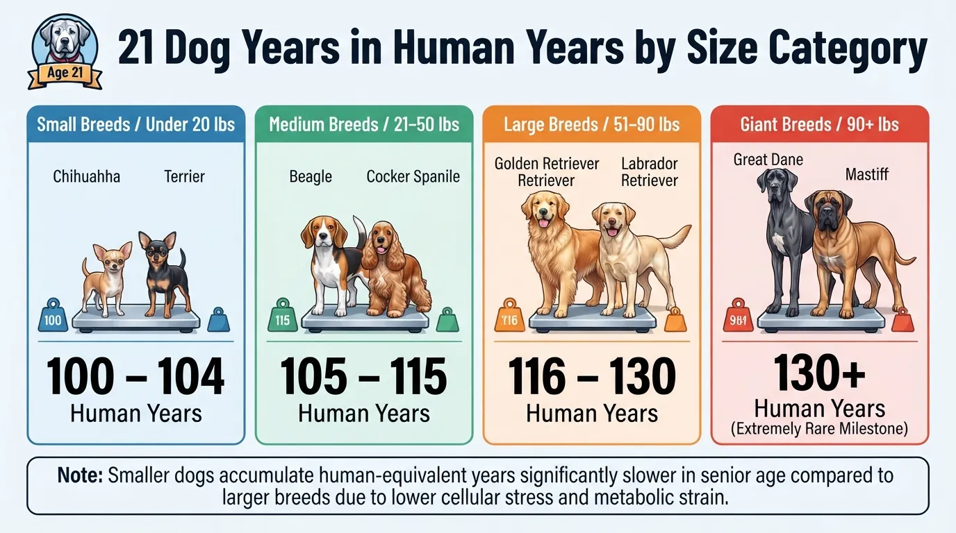 Comparison chart showing a 21-year-old dog converted to human years across small, medium, large, and giant breed weight categories.