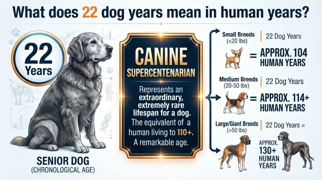 A visual comparison chart illustrating what 22 years in dog years equals in human years, showing the extreme age equivalents for small, medium, and large dog breeds next to a human supercentenarian timeline.