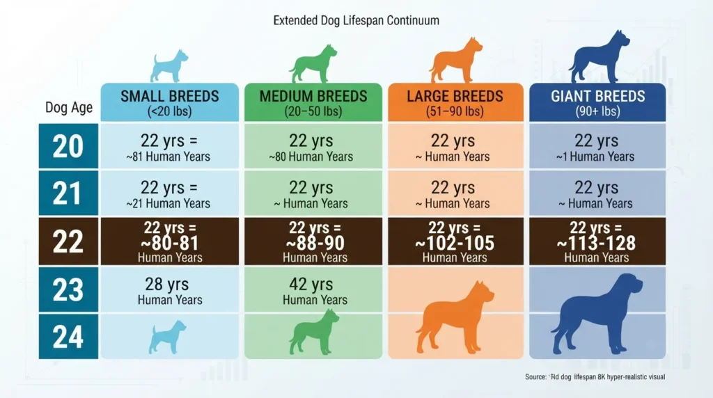 Infographic chart comparing 20 to 24 dog years in human years across small, medium, large, and giant dog breed categories