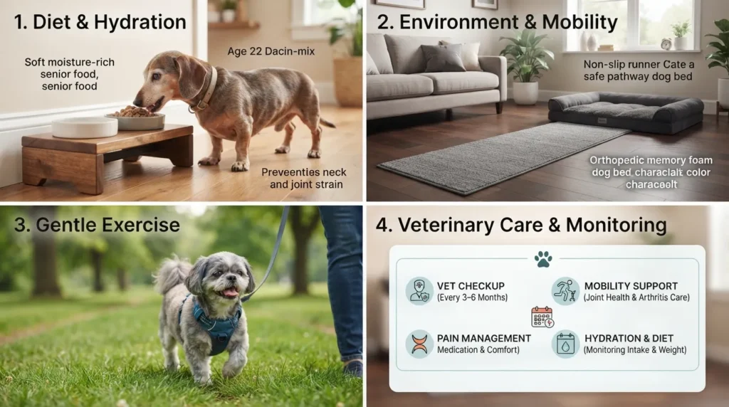 An infographic showing daily comfort care for a 22-year-old senior dog, including orthopedic bedding, elevated feeding bowls, non-slip floor runners, and soft digestible food.
