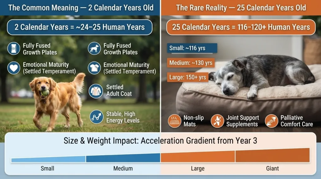 Infographic comparing a 2-calendar-year-old dog equivalent to 25 human years alongside a rare 25-calendar-year-old senior dog equivalent to 120 human years.
