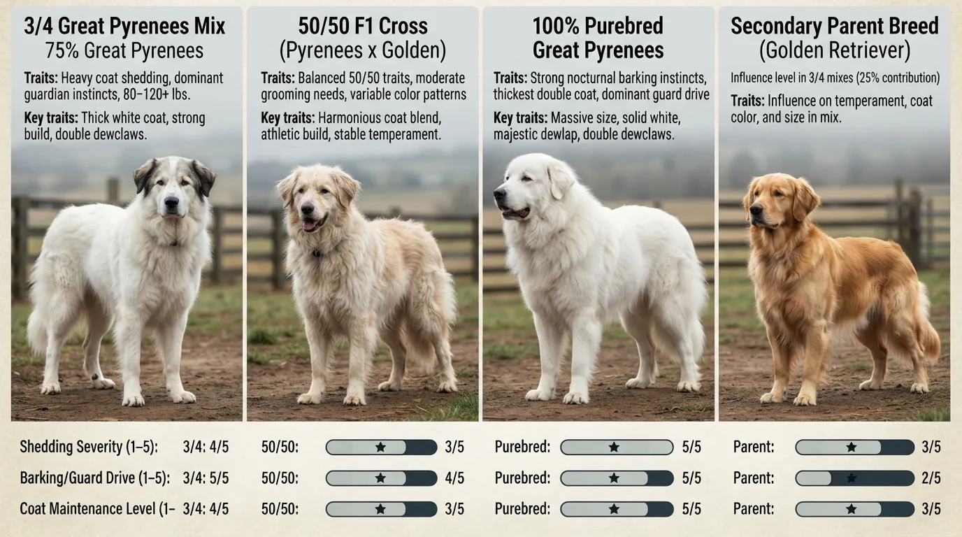 Infographic comparing a 3/4 Great Pyrenees mix with a 50/50 cross, a purebred Great Pyrenees, and a second parent breed across coat density, size, and temperament.