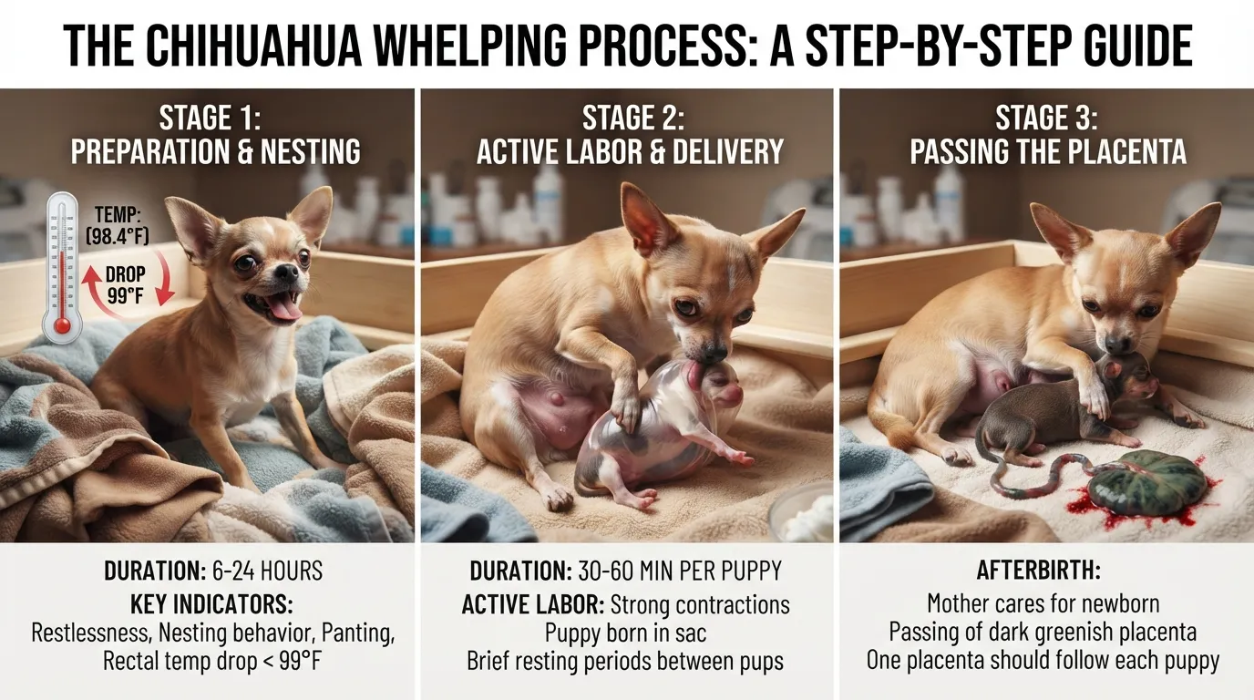 Infographic showing the 3 stages of Chihuahua labor, from early nesting and temperature drops to puppy delivery and passing the placenta.