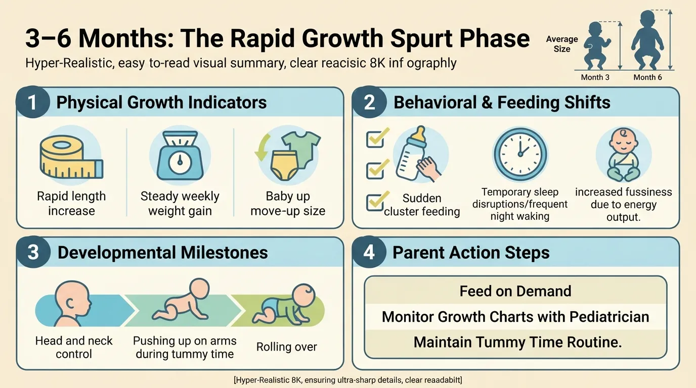Infographic detailing the 3 to 6-month rapid growth spurt phase, highlighting physical growth gains, increased feeding frequency, sleep disruption patterns, and developmental milestones.