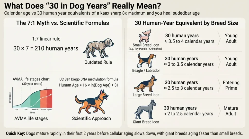 Infographic showing 30 dog years converted to human years across small, medium, large, and giant dog breed sizes using modern veterinary age models.