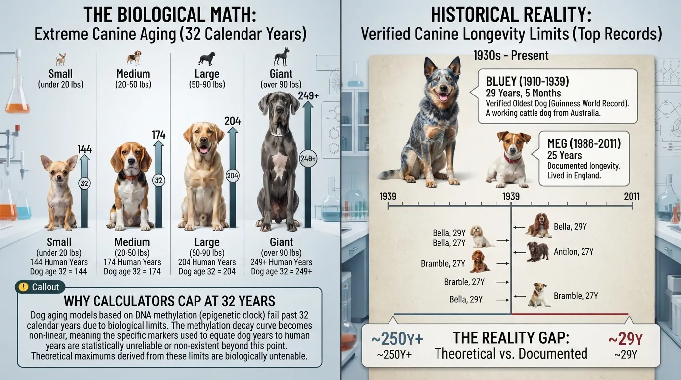 Infographic chart comparing theoretical 32 dog years to human age across breed sizes, highlighting famous record-holding senior dogs like Bluey.