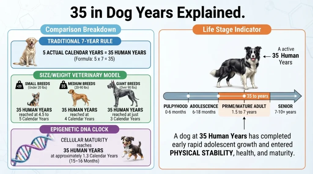 Infographic and conversion chart showing what 35 in dog years means across small, medium, large, and giant breeds compared to the 7-year rule and DNA methylation formula.