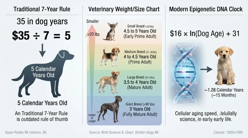 Dog age comparison diagram showing how 35 human years equals different actual calendar ages depending on calculation method and breed size.