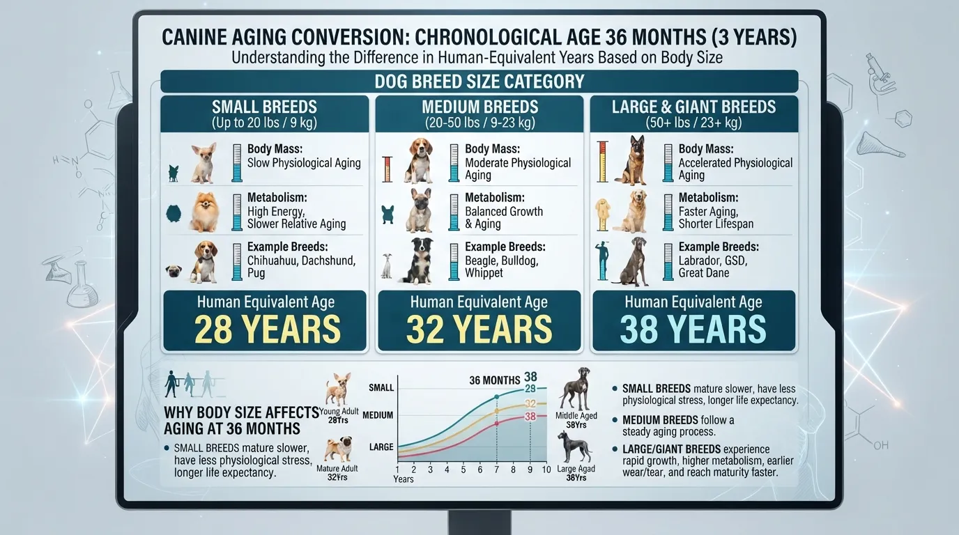 Infographic chart detailing the full calculation breakdown of 36 dog years to human years categorized by small, medium, and large dog sizes.